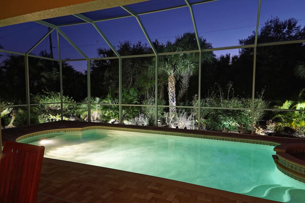 Pool and Lanai at dusk