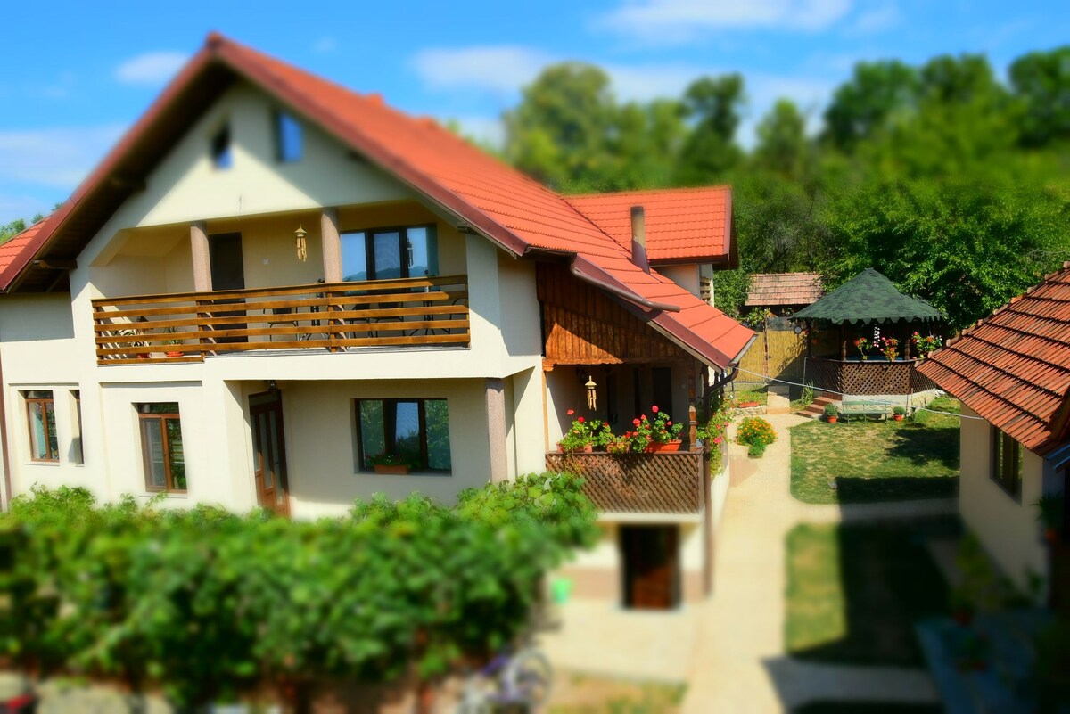 An exterior view of the guesthouse displays a two-story building with a sloped red roof and wooden balconies adorned with potted plants. A winding pathway leads to a well-maintained garden area, featuring lush greenery and a gazebo in the background under a clear blue sky.