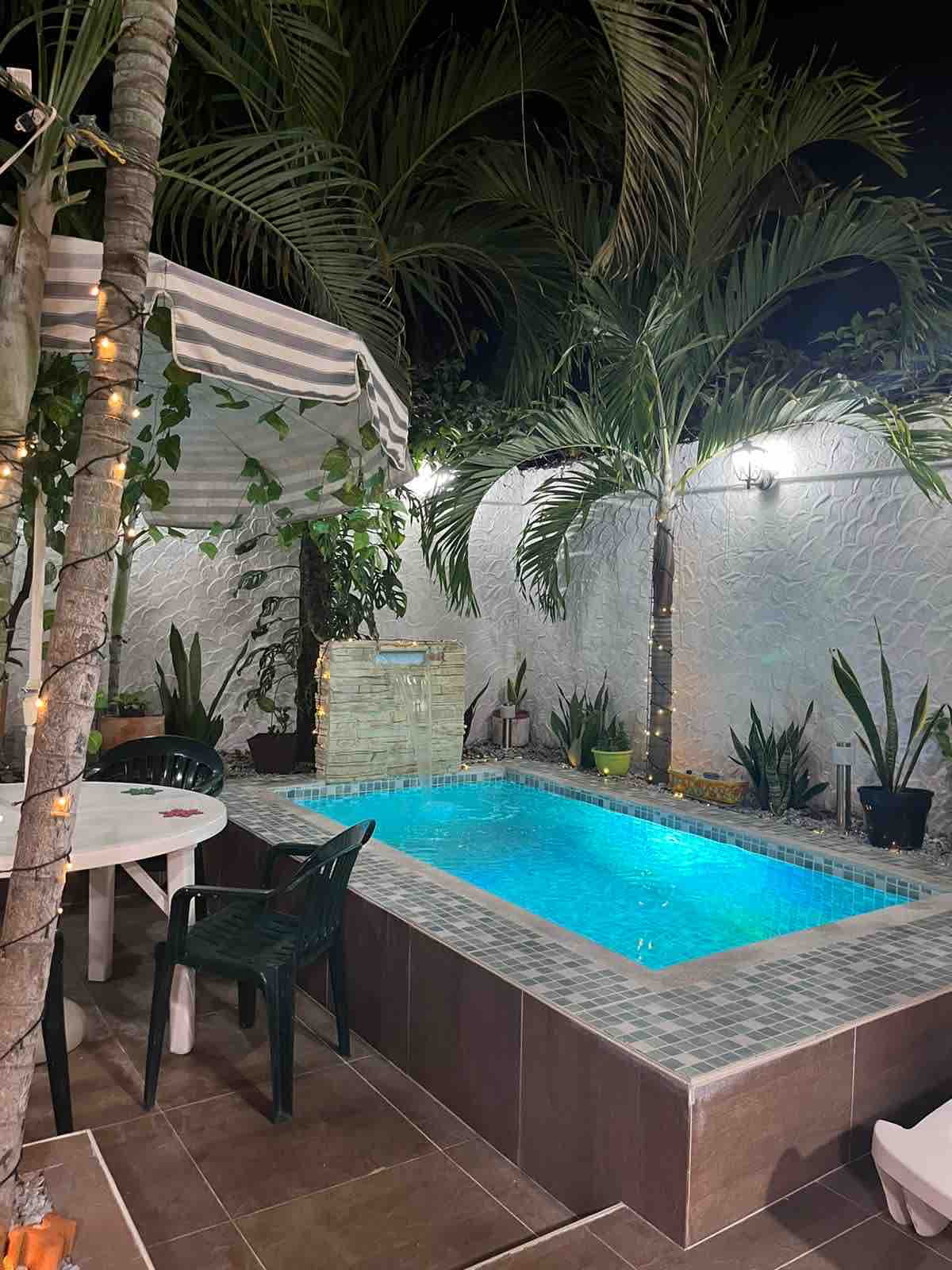 A serene outdoor area features a small pool illuminated by soft lighting, surrounded by lush greenery. A shaded seating space with a table and chairs is nearby, creating an inviting space for relaxation. Tropical plants adorn the surrounding walls, enhancing the tranquil atmosphere.