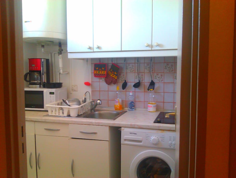 La cuisine est entièrement équipée ( ustensiles de cuisine, cafetière, plaque éléctrique, micro- onde,...)