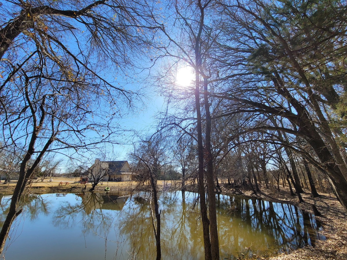 A serene pond is surrounded by bare trees and gently swaying grasses, reflecting sunlight and the distant structure. The calm water mirrors the tree branches and the clear blue sky, creating a tranquil environment ideal for relaxation.