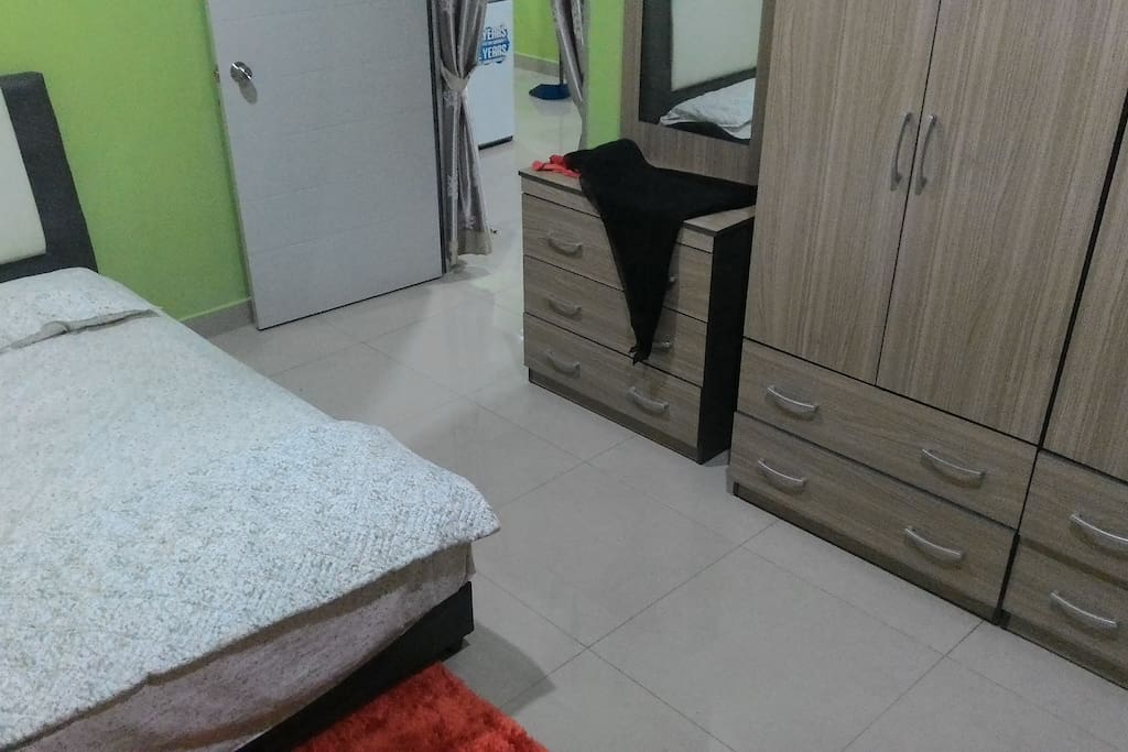 Bedroom;
1. Queen bed
2. Cupboards (inside are extra pillows and thin mattress)
3. Mirror
4. Air-cond
