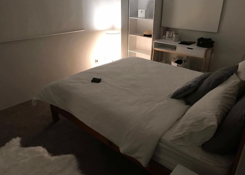 Queen size bed, built in wardrobes
