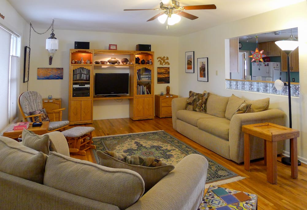 Comfortable couches create an inviting space to read, relax, listen to music or watch TV.