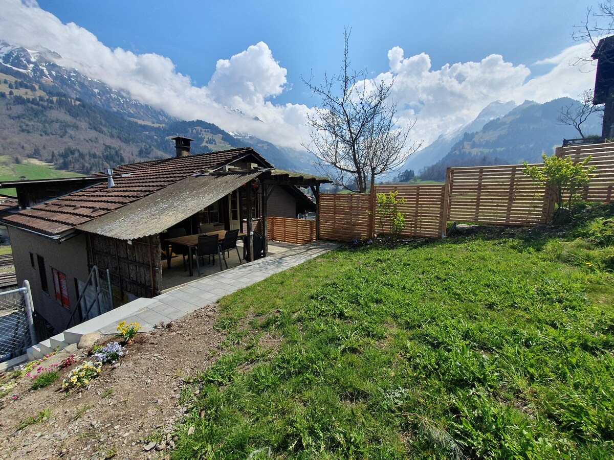 A charming outdoor area is featured, showcasing a grassy lawn bordered by wooden fencing. The patio includes a dining table set for outdoor meals, with mountains visible in the background under a clear blue sky.