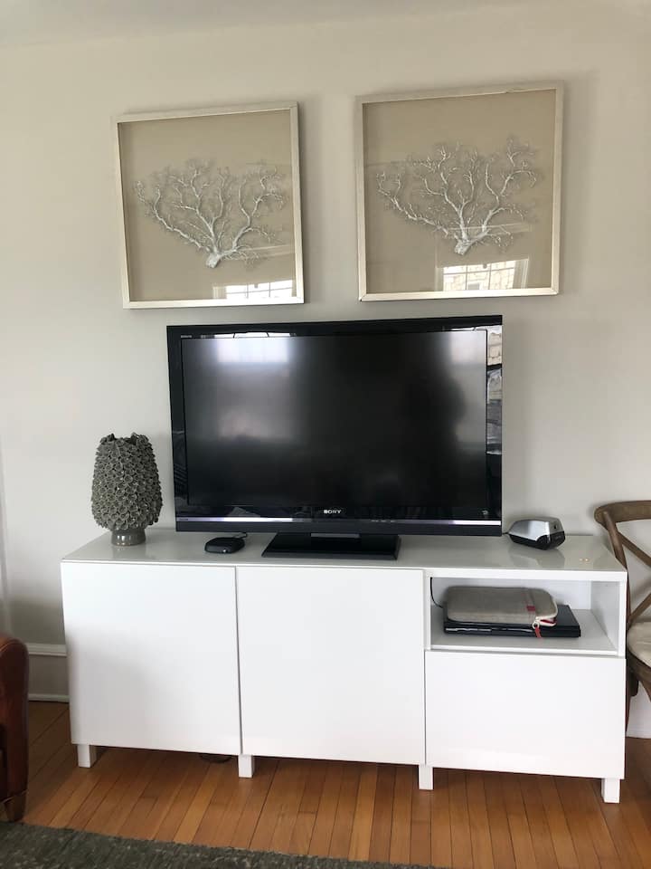TV në strofull/zyrë/dhomë gjumi në pjesën e dytë me pamje nga oqeani dhe liqeni në lindje dhe jug. Dhoma ka aerobed "queen".