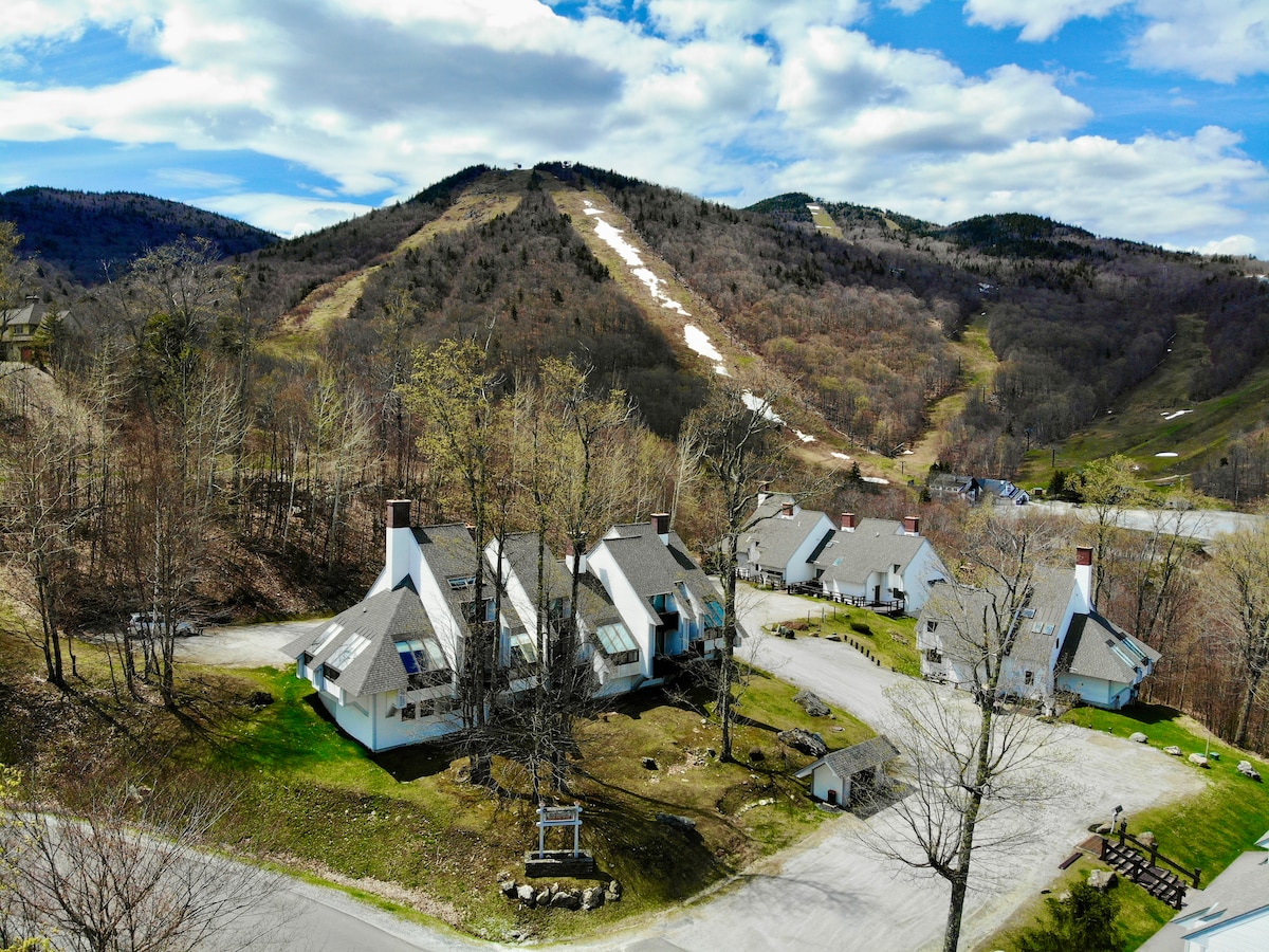 A scenic view of the Sunrise Village showcases the condo units positioned among trees, with trails and ski slopes visible in the background. The landscape features a mix of green hills and patches of snow, under a partly cloudy sky.