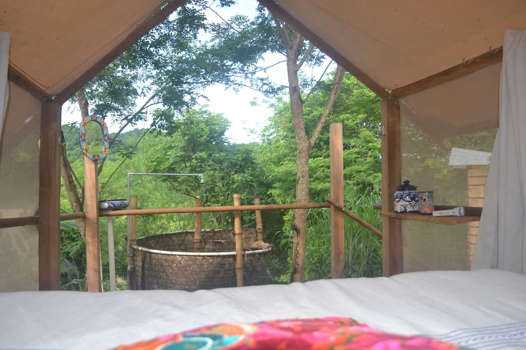 Your jungle view from the bed with outdoor shower