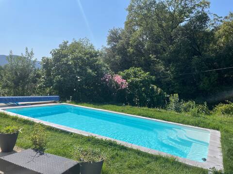Villa with patio/terrace, wooded garden, pool