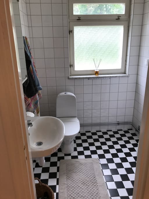 Badrum med dusch och fönster.