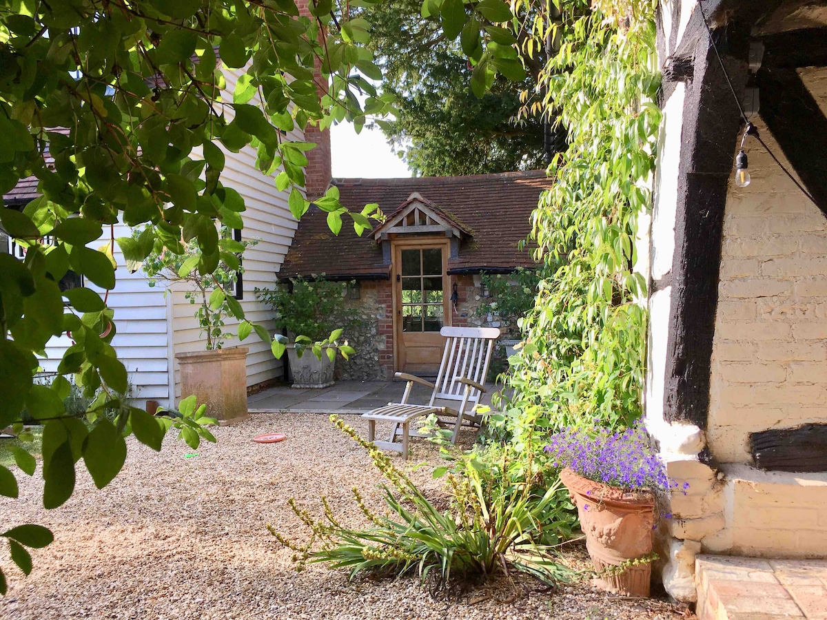 A quaint outdoor area features a wooden chair positioned on a gravel path, surrounded by lush greenery and blooming plants. A rustic wooden door is framed by climbing vines, leading to a charming entrance, enhancing the serene ambiance of the garden setting.