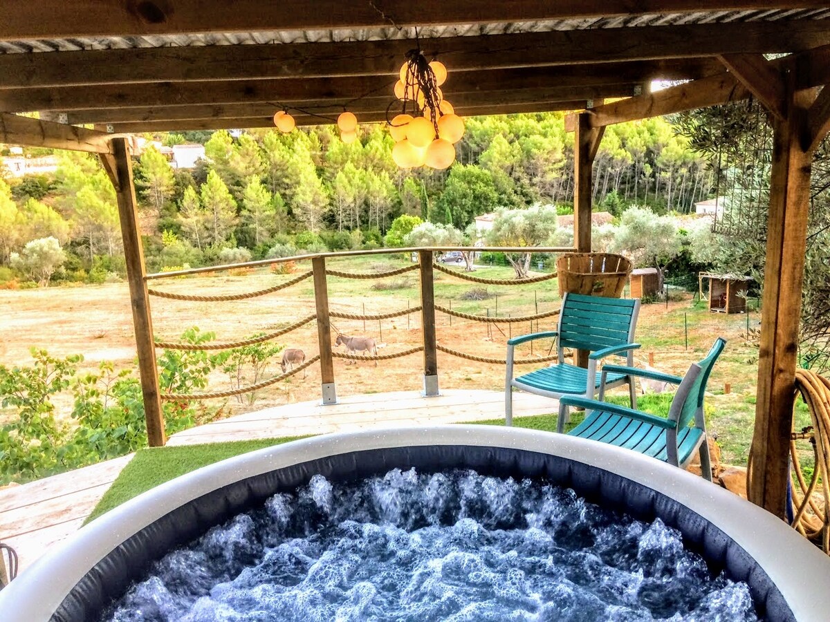 A private outdoor spa is shown under a wooden structure, surrounded by nature. Two blue chairs offer seating, while a cluster of illuminated orbs hangs above. A view of green fields and trees extends in the background, providing a peaceful, natural setting.