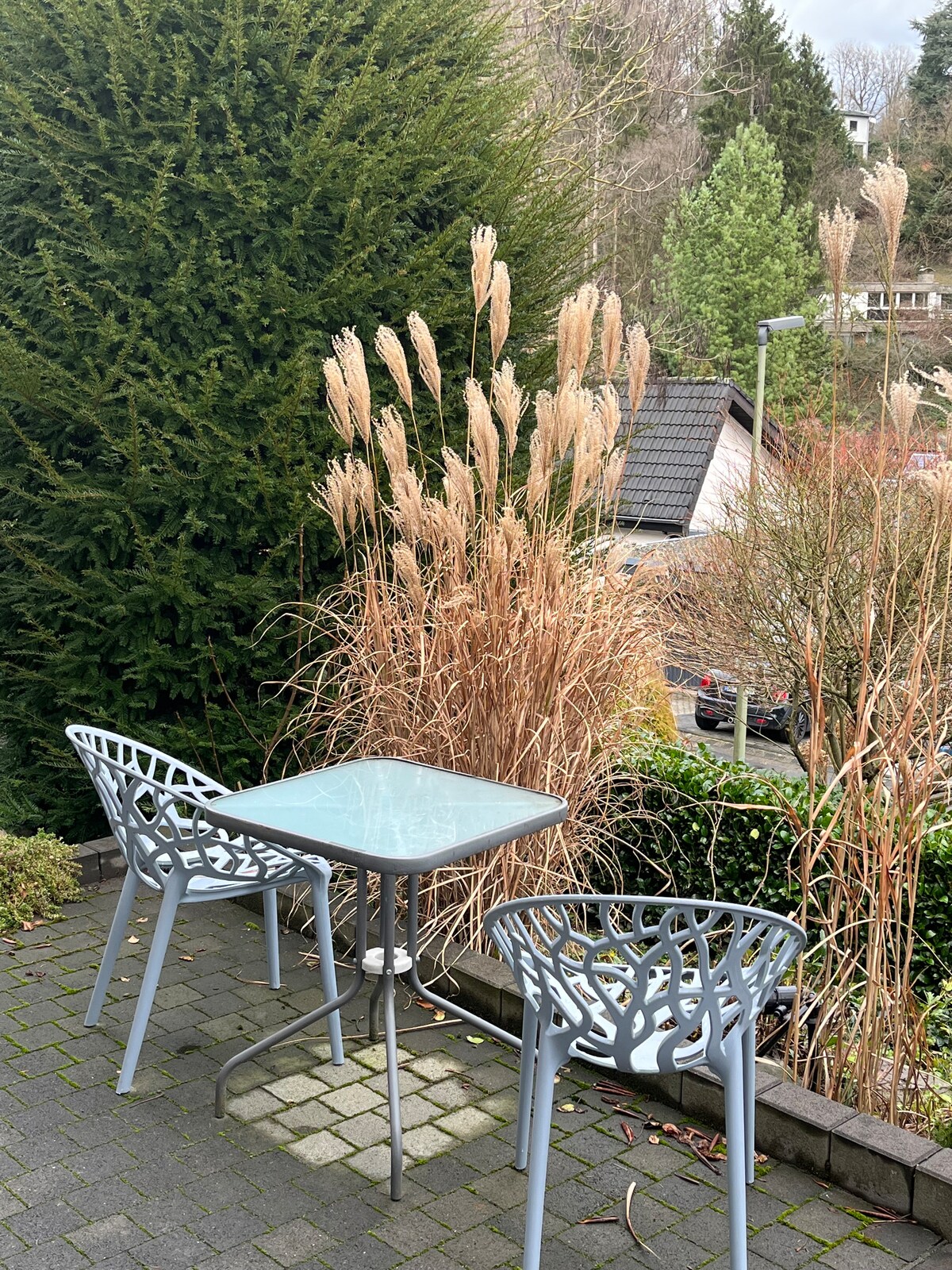An outdoor terrace features a small glass table surrounded by two metal chairs. Tall ornamental grasses provide a natural backdrop, with a view of nearby trees and houses, contributing to a serene and private setting.