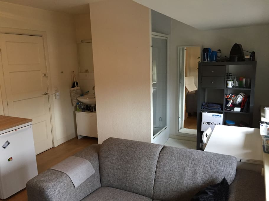 Living room with small kitchen, tv (+ Apple TV) and shower