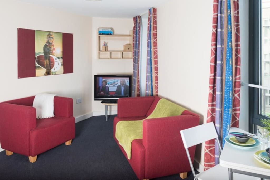 Each 3 bed flat has a shared sitting room with tv, dining and kitchen areas
