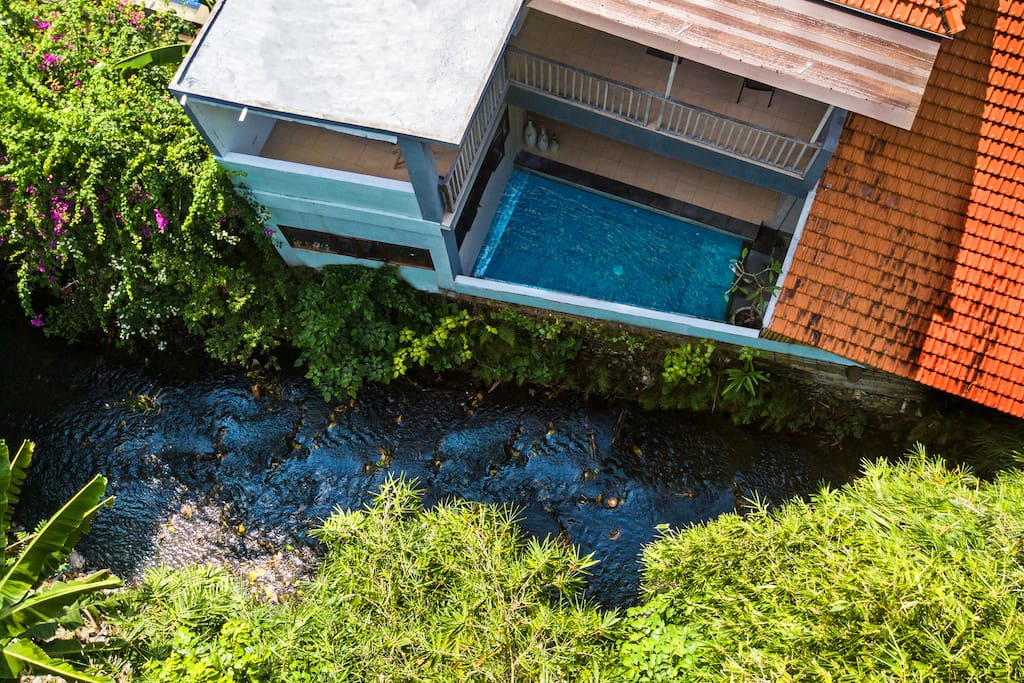 Aerial view villa and river and rain forest