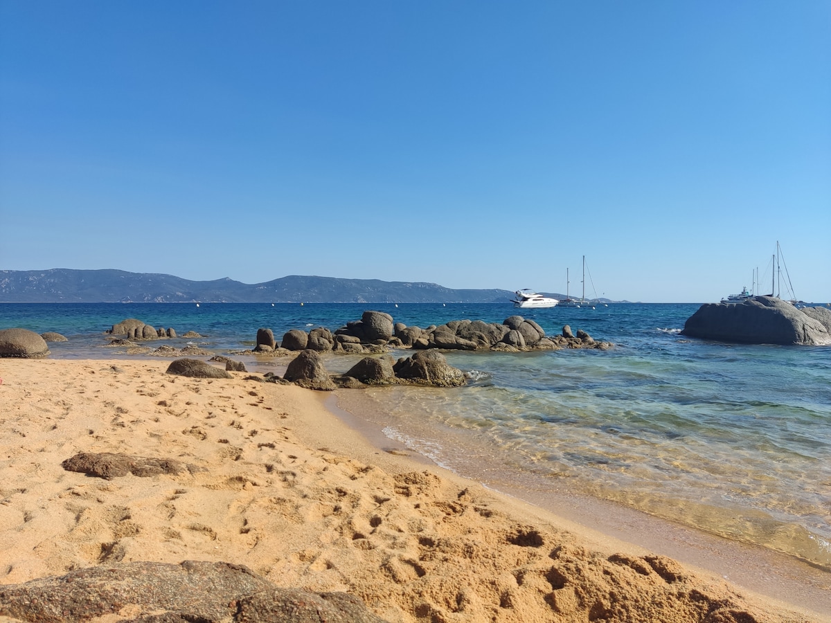 A sandy beach is depicted with gentle waves lapping at the shore, interspersed with smooth boulders. In the distance, a boat is anchored on clear blue waters, while the coastline is bordered by distant hills under a cloudless sky.