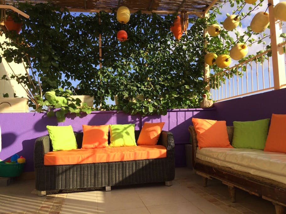 The roof-balcony where you can not only relax, smoke outdoors, reading or chatting with friends and sunbathing topless at your request. Fully fenced and privet from prying eyes. Possibility of barbecue in the open air.