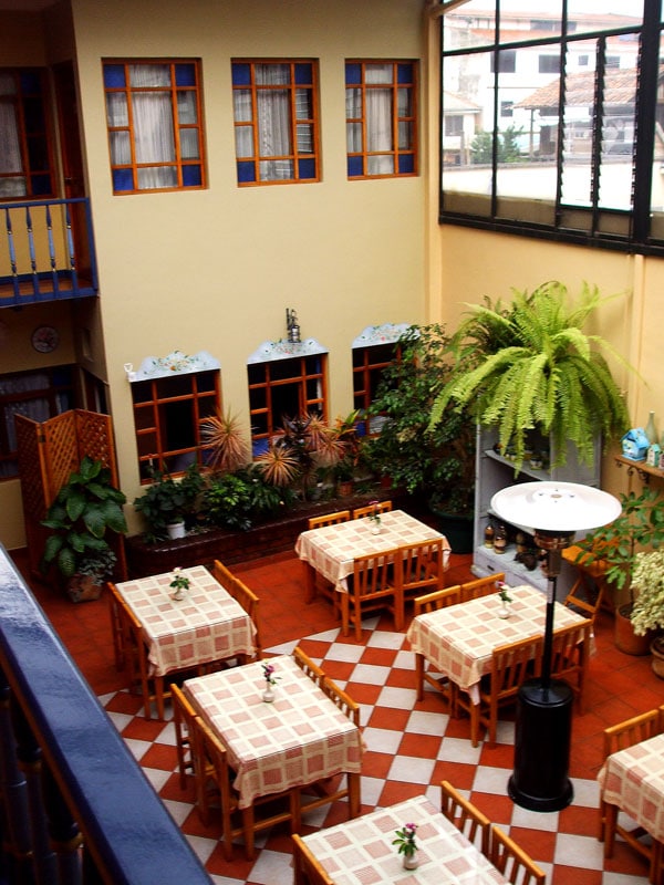 An open dining area is showcased with several wooden tables, each adorned with checkered tablecloths and small potted plants. Lush greenery is present throughout the space, adding a natural touch. Large windows allow natural light to fill the room, creating a bright and welcoming environment.