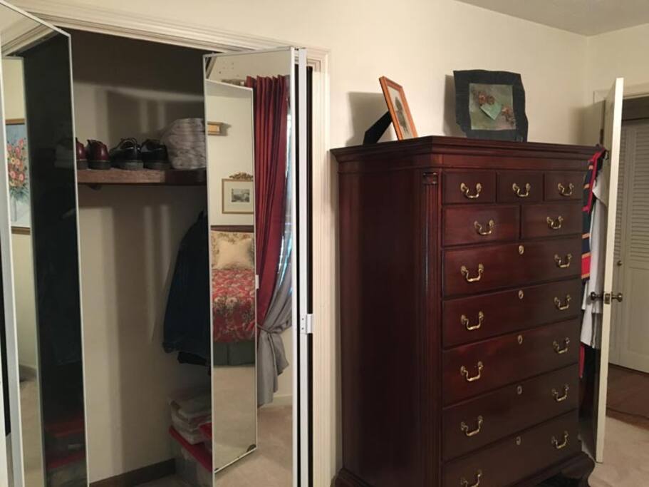 Bedroom has clean drawers and mirrored closed with ample space for hanging up clothes.
