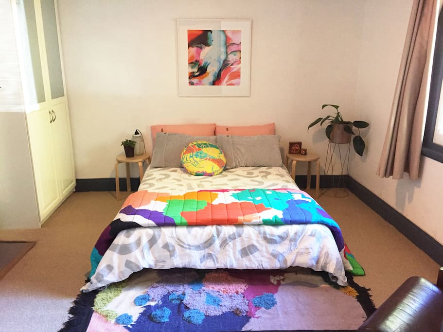 High ceiling, comfortable, private bedroom.