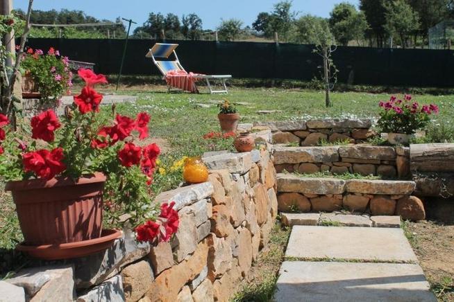 A serene garden area is depicted, featuring vibrant red geraniums in terracotta pots along a stone pathway. Flanking the path are natural stone steps leading to a green space with a sun lounger set against a background of trees and lush grass.