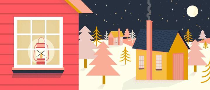 illustration of colorful houses with smoke rising from chimney