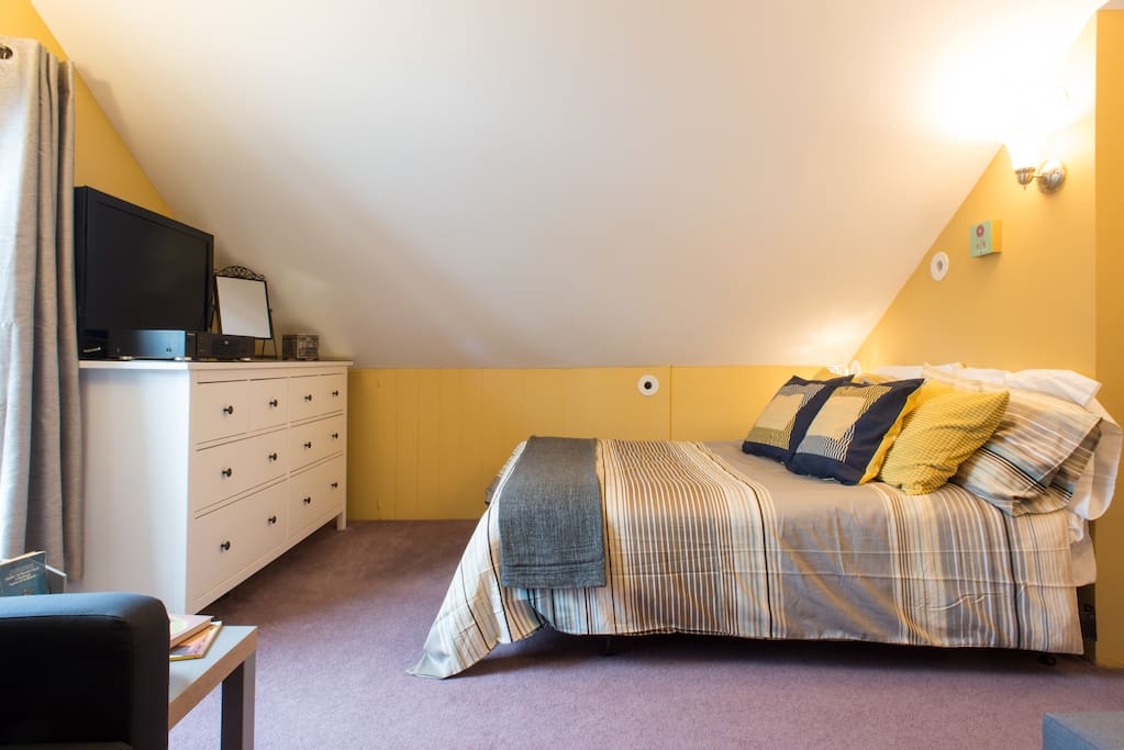Bedroom includes a very comfortable queen bed, a twin sofa bed and a full sofa bed. Extra large closet, TV and bureau.
