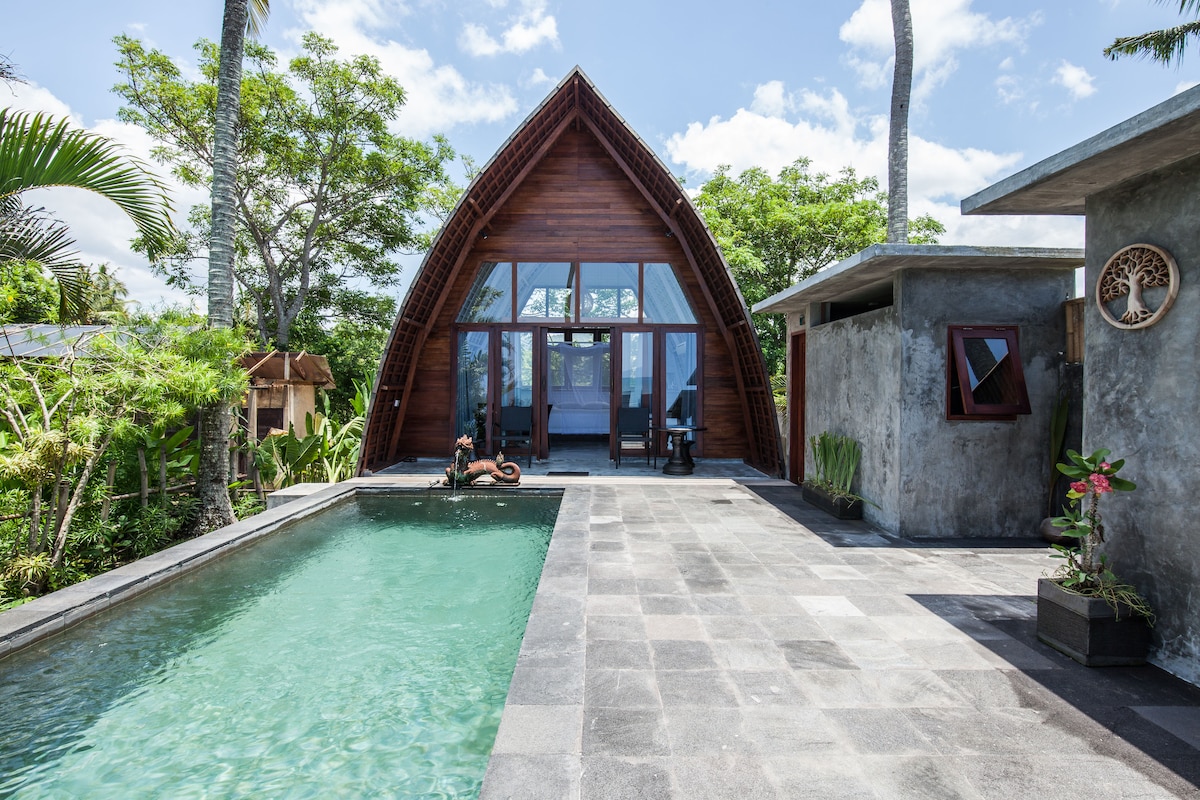 The image captures the exterior of a unique villa with an elongated, arched wooden structure, complemented by large glass doors that invite natural light. A private pool is visible in the foreground, surrounded by a stone patio and lush tropical landscaping.