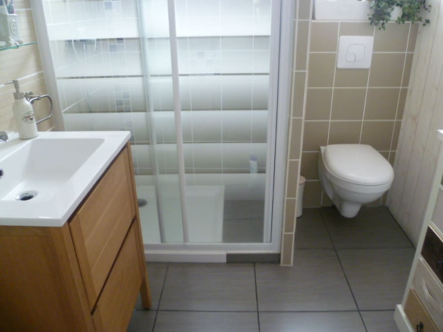 Salle de bains et toilettes à côté de la chambre