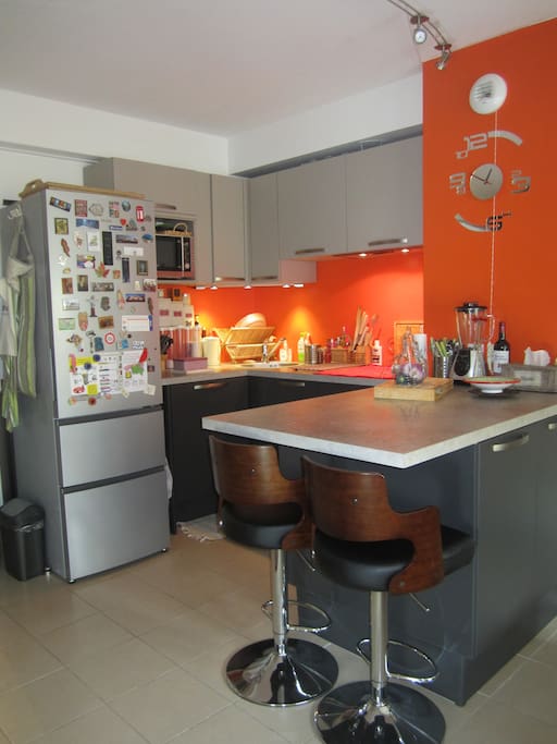 Cuisine équipée, plaque vitrocéramique, four, micro-onde, lave vaisselle...et bar