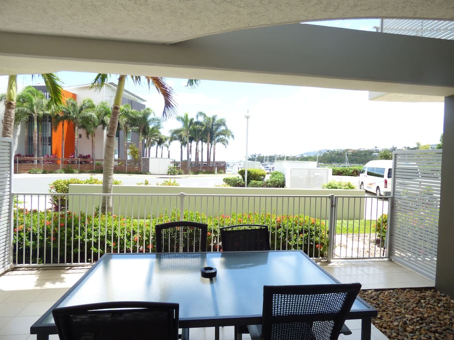 Outdoor patio with Marina and sea view and bbq