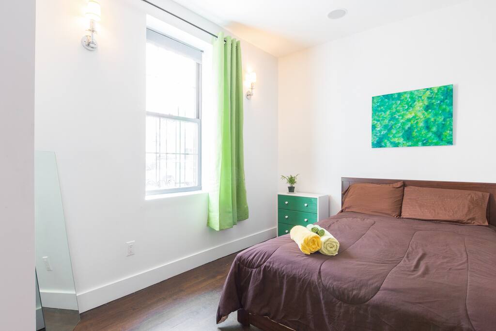Room #2 includes: Full-sized bed, 3-drawer dresser, closet, mirror, and front window.