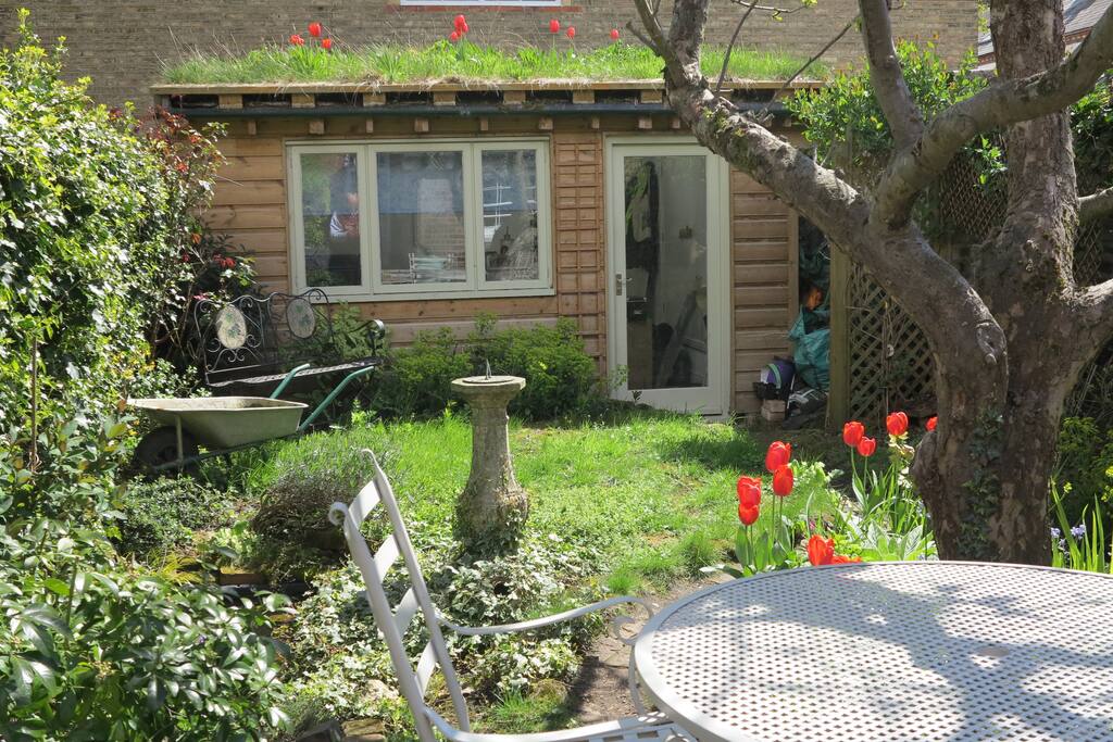 Here's the view from the kitchen window. Tulips even grow on the roof! Guests are welcome to sit outside and enjoy the sun.
