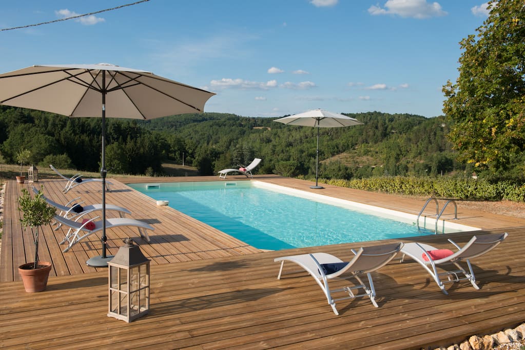 Brand new 10m x 5m private, infinity style swimming pool. Decked terrace, plenty of sunloungers & towels and stunning views over our 12 acres & the valley.