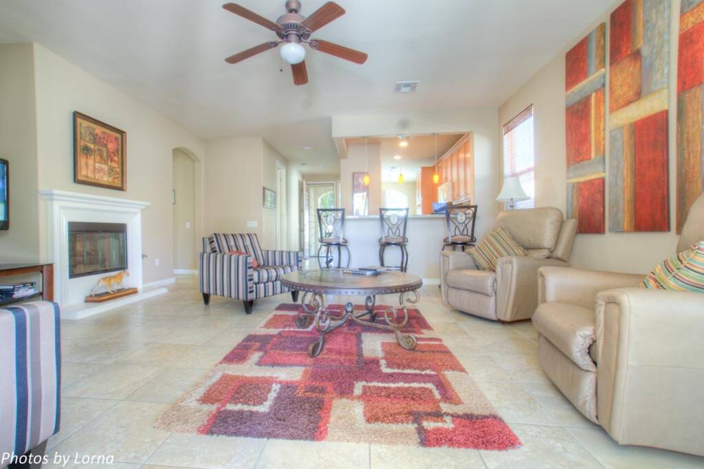 The great room and breakfast bar, gas fireplace.