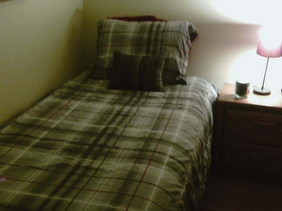 Twin Sized bed with lamp, clock, and nightstand with large drawers