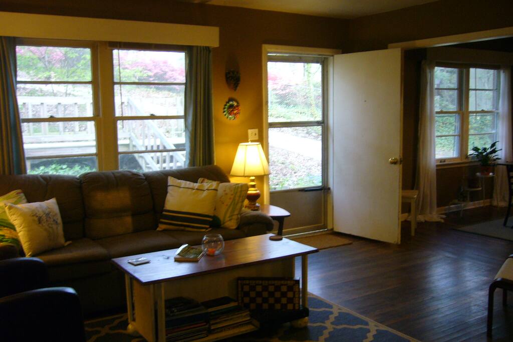 The front of the house looking out. Includes the living room which is open to the dinning room.