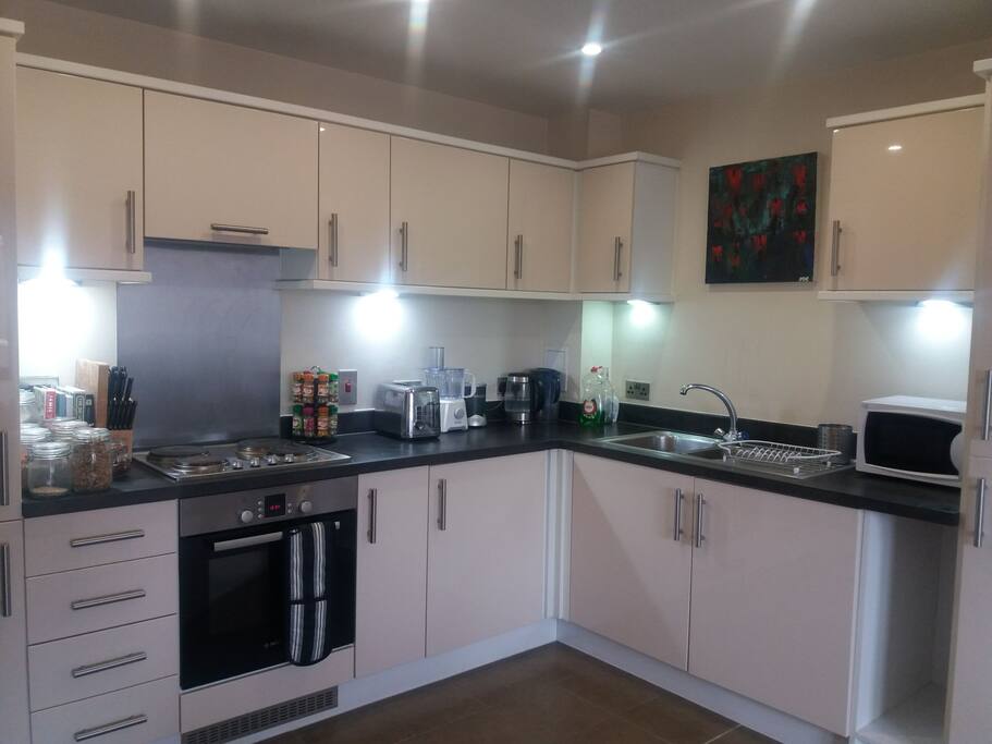 Fully equipped kitchen with oven, microwave and added gadgets