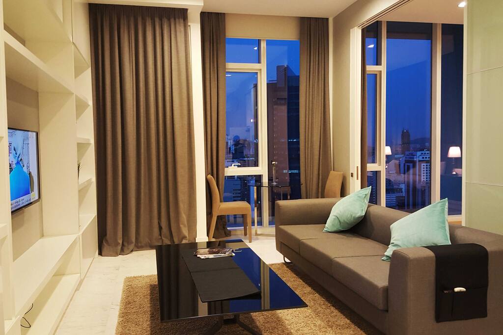 Living area with sliding wall opened.