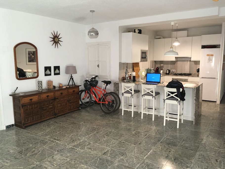 the kitchen seen from TV area