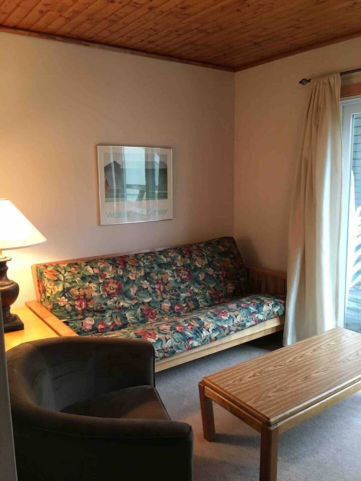 厨房外有一台电视，配有日式床垫，可折叠成双人床。