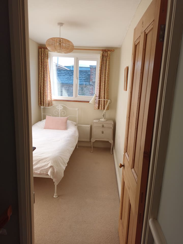 La chambre simple avec lit en fer antique et table de chevet élégante. 