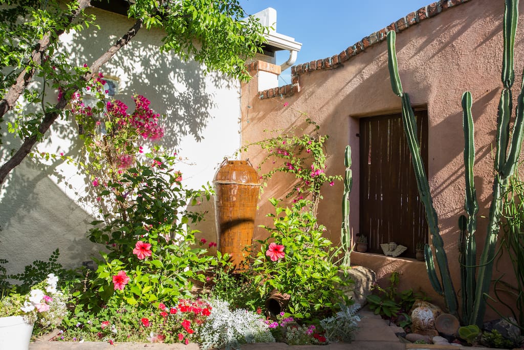 Private, high-walled courtyard with fountain..south and east exposure is perfect.