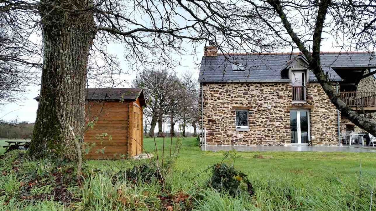 A stone house stands alongside a wooden shed, framed by trees with sparse branches. The property features a lawn with a patch of lush greenery and open space in the background. A small patio area is visible, with a set of outdoor furniture placed nearby.