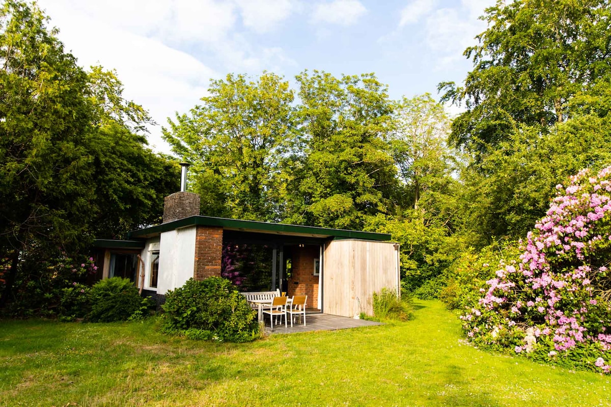 A charming holiday home is surrounded by lush greenery and colorful flowering shrubs. The residence features a wooden exterior and a patio area with a dining table and chairs, providing an inviting space for outdoor meals and relaxation.