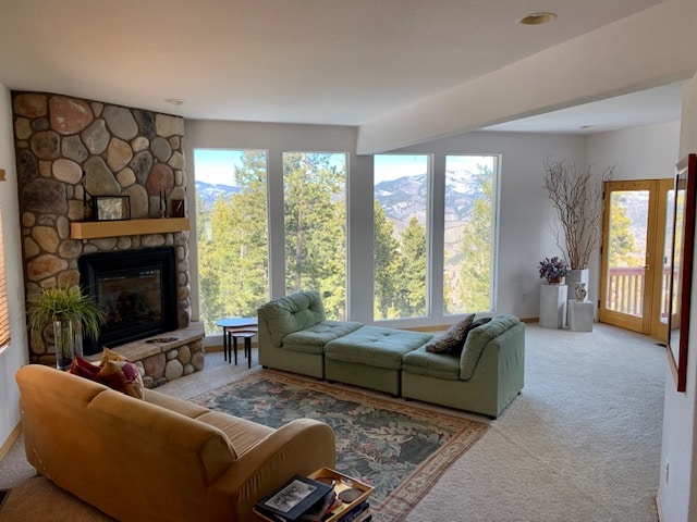 A spacious living room features a stone fireplace surrounded by large windows showcasing mountain views. Comfortable seating is provided by a light green sofa and a tan couch, while a decorative rug adds warmth. A wooden door leads to an outdoor area with additional scenery.
