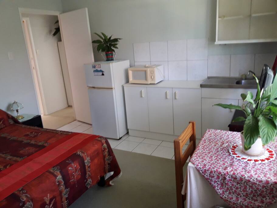 Fridge/freezer & door to bathroom
