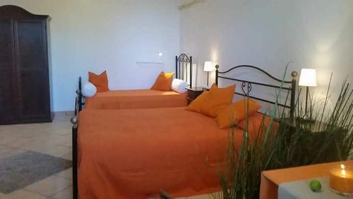 A brightly lit sleeping area features two spacious beds, both adorned with orange bedding and decorative pillows. A wooden wardrobe stands against one wall, while bedside tables with lamps provide subtle illumination. Green plants add a touch of nature to the room's decor.