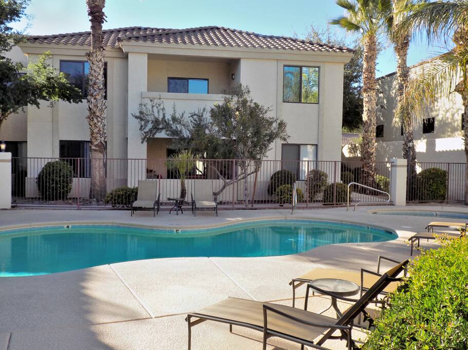 Two pristine pools with spa and lovely grounds available in this gated community.